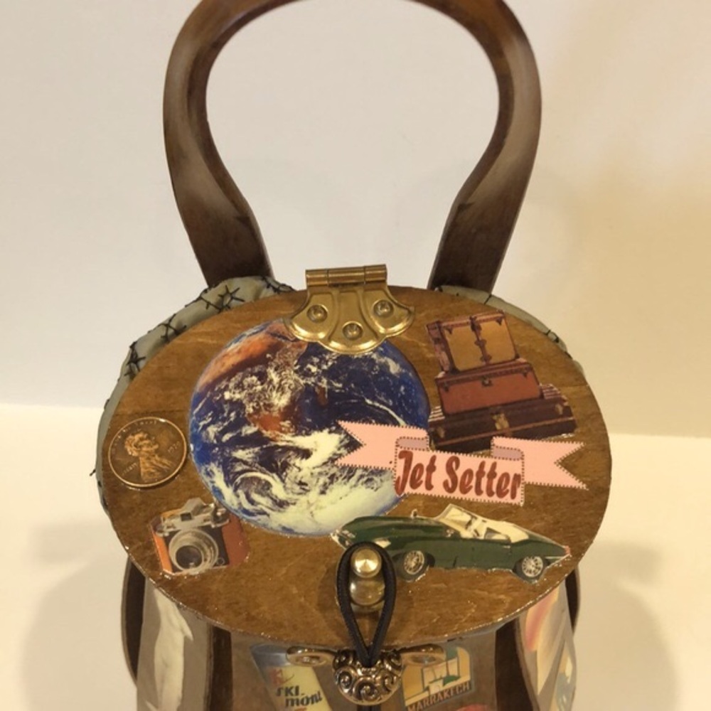 KATIE BAG VINTAGE - HAND CRAFTED DECOUPAGE WOODEN JETSETTER  BAG - Picture 3 of 14